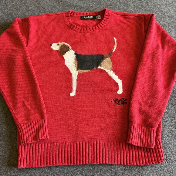 Lauren Ralph Lauren Sweaters - Lauren Ralph Lauren Red Cotton Dog Foxhound Intarsia Knit Sweater Womens XS RLL